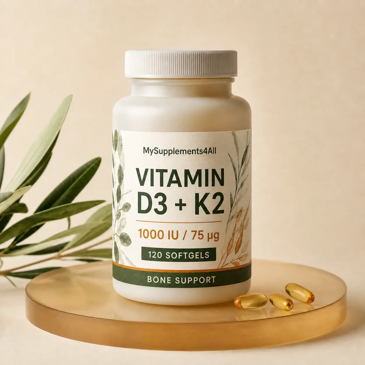 Vitamin D3 + K2 — 180 softgels (75µg D3 + 100µg K2) pack from My Supplements 4 All